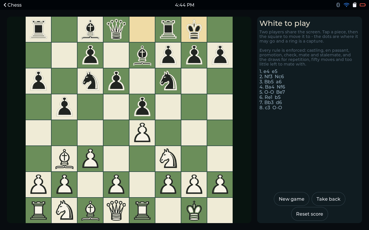 Chess - The Ruy Lopez, eight moves in, with the game written down beside the board.