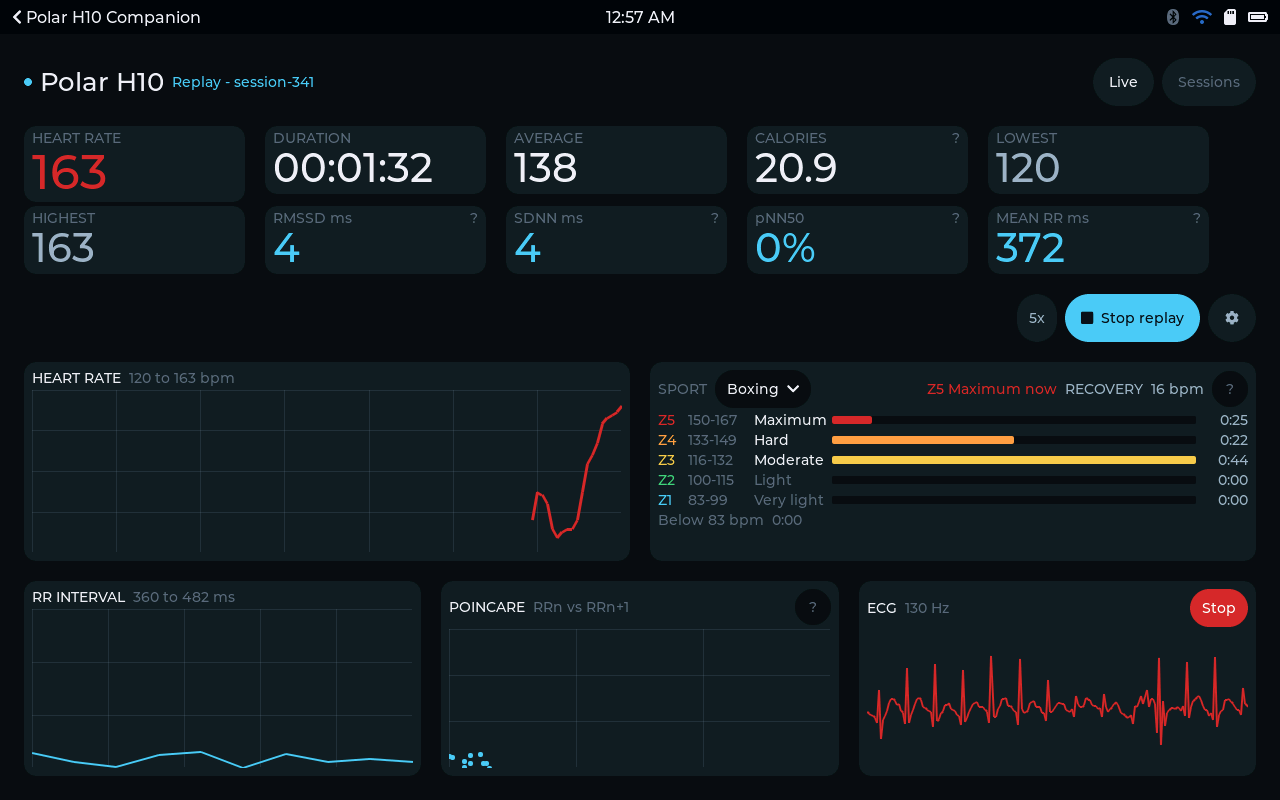 Polar H10 Companion - Where the effort went. Time in each zone, and how far the pulse fell between rounds.