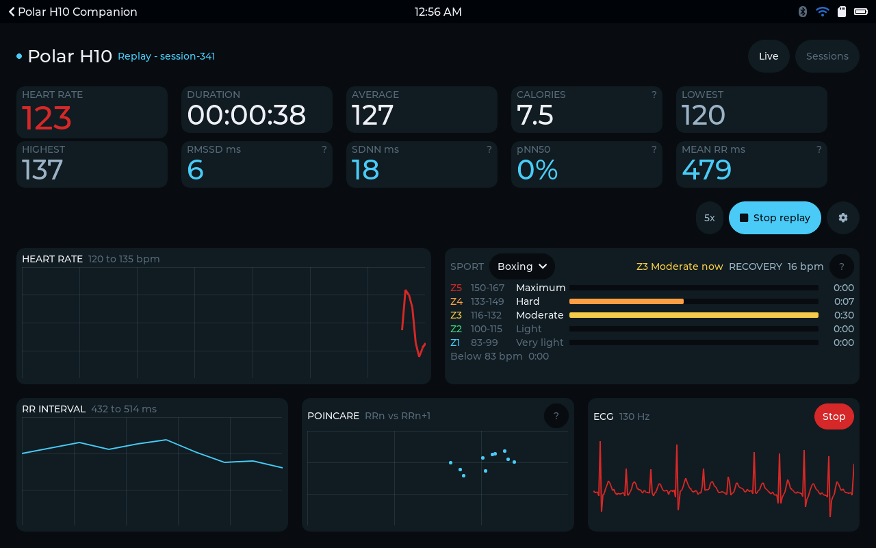 Polar H10 Companion - A session playing back: live pulse, HRV, the training zones filling and the strap's own ECG.