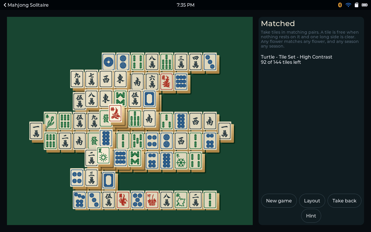 Mahjong Tile Set - High Contrast - A Turtle board mid-game in the high-contrast set