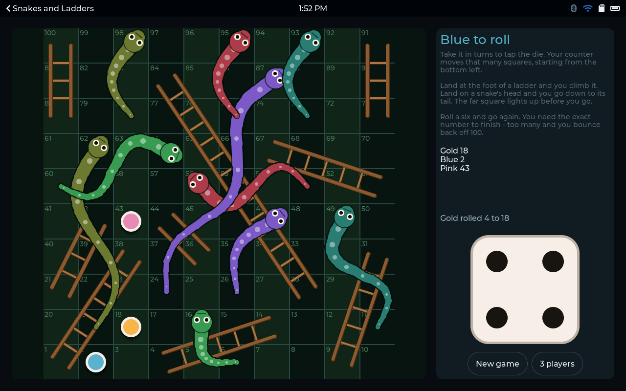 Snakes and Ladders - Three counters out, the die mid-turn