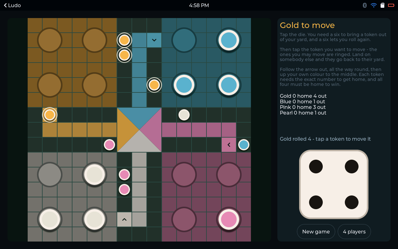 Ludo - A roll with a choice in it: the tokens you may move are ringed.